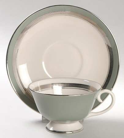 Grecian Key Sage Green (Platinum Trim, Rim) Footed Cup & Saucer Set