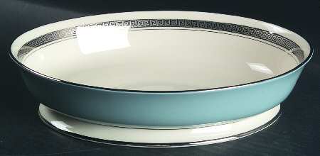 Grecian Key Strata Blue (Platinum Trim, Rim) 9" Oval Vegetable Bowl