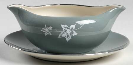 Misty Leaf Peacock Blue Gravy Boat with Attached Underplate