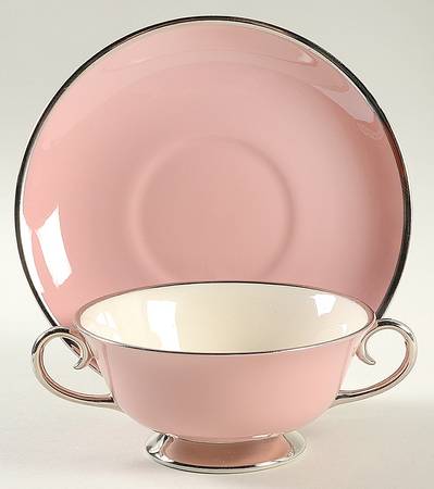 Platinum Rose (Rim) Footed Cream Soup Bowl & Saucer Set