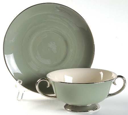 Platinum Sage (Rim & Coupe) Footed Cream Soup Bowl & Saucer Set