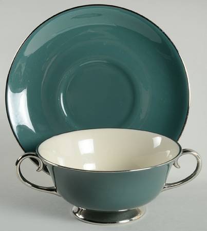 Platinum Teal (Rim) Footed Cream Soup Bowl & Saucer Set