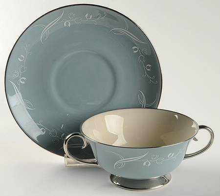 Snow Tulip Strata Blue (Rim & Coupe) Footed Cream Soup Bowl & Saucer Set
