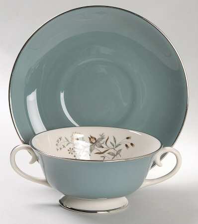 Woodsong Peacock (Rim & Coupe) Footed Cream Soup Bowl & Saucer Set