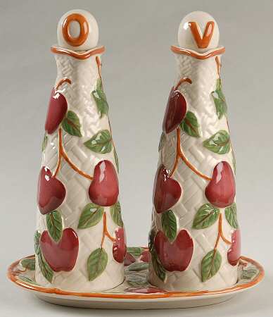 Apple (England Backstamp) Vinegar and Oil with "V" and "O" Stoppers on Tray