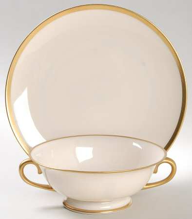 Gold Band (202 Encanto Coupe) Footed Cream Soup & Dessert Plate/Saucer Set