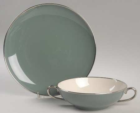 Spruce (Platinum Trim) Flat Cream Soup Bowl & Dessert Plate/Saucer Set