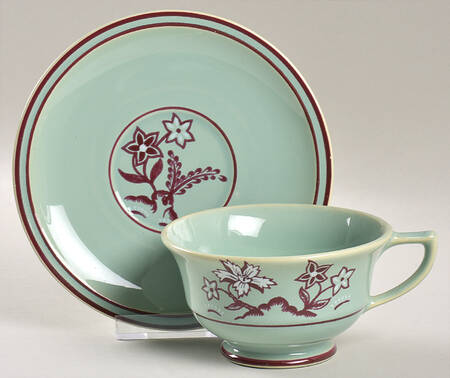 Tiger Flower Celadon Footed Cup & Saucer Set