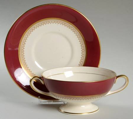 5973 Maroon Footed Cream Soup Bowl & Saucer Set
