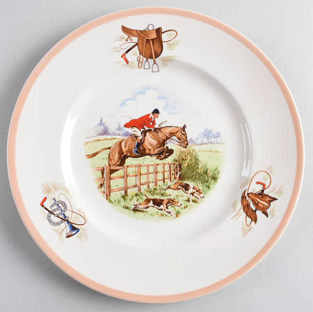 English Hunting Scenes (Salmon Pink Edge) Dinner Plate