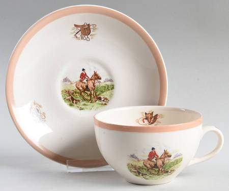 English Hunting Scenes (Salmon Pink Edge) Flat Cup & Saucer Set