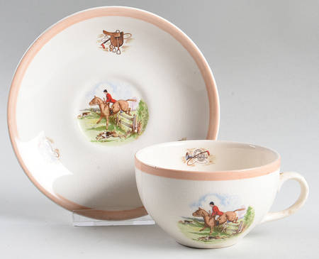 English Hunting Scenes (Salmon Pink Edge) Flat Cup & Saucer Set