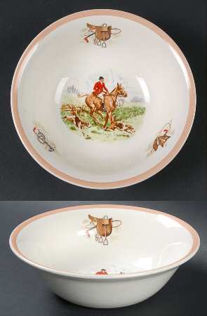 English Hunting Scenes (Salmon Pink Edge) Coupe Cereal Bowl