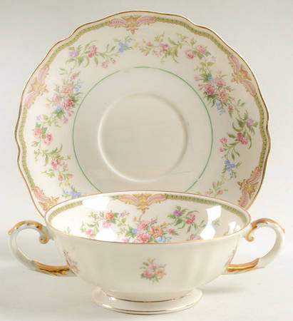 Aida (Green Verge & Gold Trim) Footed Cream Soup Bowl & Saucer Set