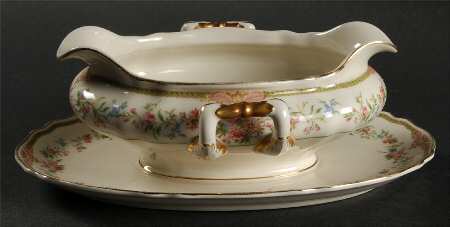 Aida (Green Verge & Gold Trim) Gravy Boat with Attached Underplate