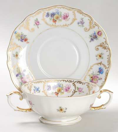 Dresden Flowers Footed Cream Soup Bowl & Saucer Set