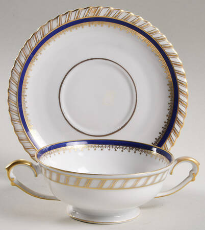 Sapphire Blue (Gold Gadroon Edge) Footed Cream Soup Bowl & Saucer Set