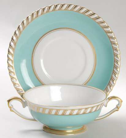Turquoise Footed Cream Soup Bowl & Saucer Set