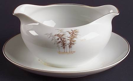 Gold Bamboo Round Gravy Boat/Attached Underplate