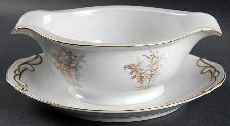 Gold Bamboo Gravy Boat with Attached Underplate by Fukagawa