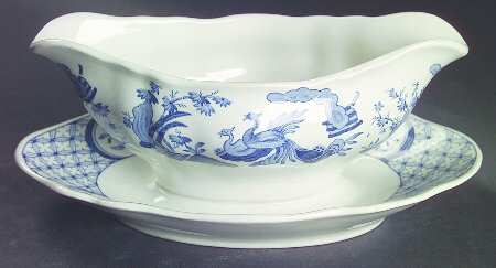 Old Chelsea Blue (Blue Birds, Flowers) Gravy Boat with Attached Underplate