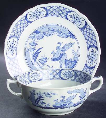 Old Chelsea Blue (Blue Birds, Flowers) Flat Cream Soup Bowl & Saucer Set