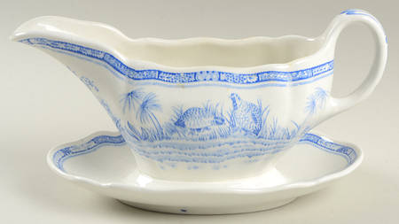 Quail Blue (Round Quail Backstamp) Gravy Boat with Attached Underplate