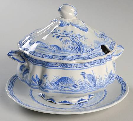Quail Blue (Round Quail Backstamp) Round Gravy Boat & Lid with Underlate