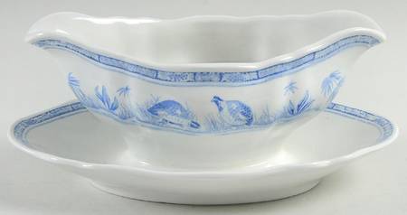 Quail Blue (Round Quail Backstamp) Gravy Boat with Attached Underplate