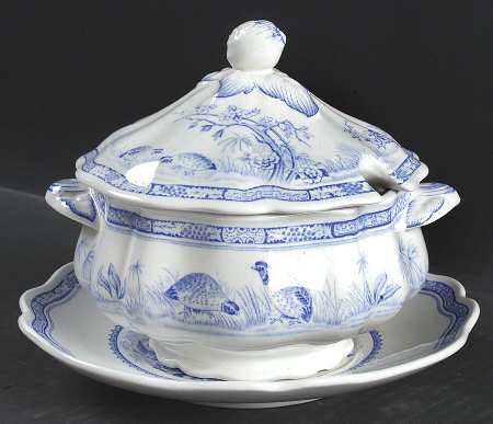 Quail Blue (Round Quail Backstamp) Round Gravy Boat & Lid with Underlate
