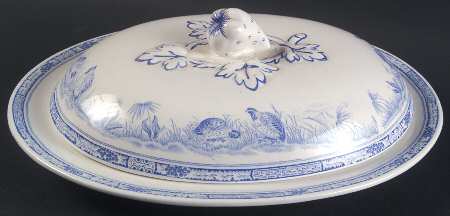 Quail Blue (Round Quail Backstamp) Oval Platter with Well & Lid