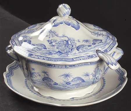 Quail Blue (Round Quail Backstamp) Tureen & Lid W/Ladle & Underplate