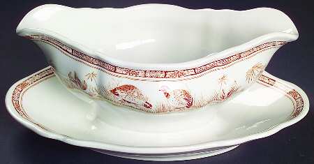 Quail Brown Gravy Boat with Attached Underplate
