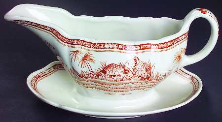 Quail Brown Gravy Boat with Attached Underplate