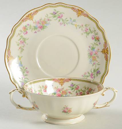 Aida (Mustard Trim) Footed Cream Soup Bowl & Saucer Set by Franconia-Krautheim & Adelburg