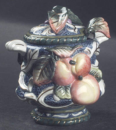 Florentine Fruit Blue Sugar Bowl & Lid W/Spoon