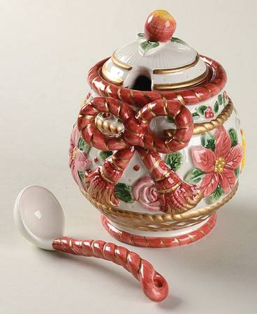 Father Christmas Sugar Bowl & Lid W/Spoon