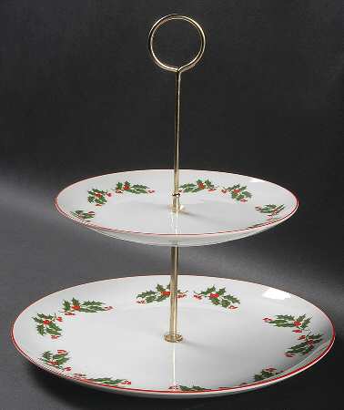 Christmas Holly (Red Trim) 2 Tiered Serving Tray (Dinner & Salad Plate)