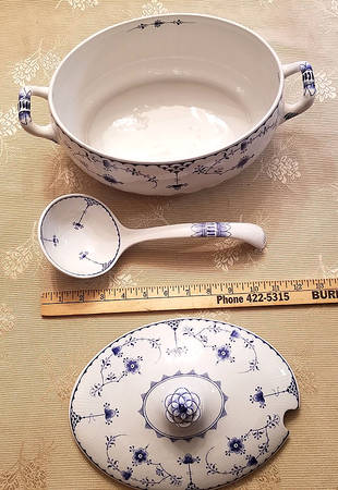 Denmark Blue Oval Tureen & Lid and Ladle