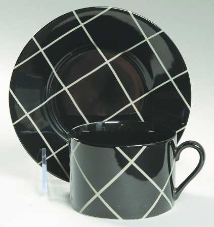 Windowpane (Taupe Stripes on Black) Flat Cup & Saucer Set