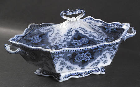 Argyle Blue Gray Transferware Oval Covered Vegetable