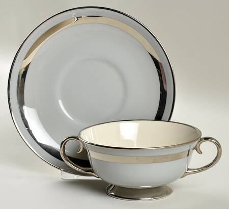 Theme (Platinum on Gray) Footed Cream Soup Bowl & Saucer Set