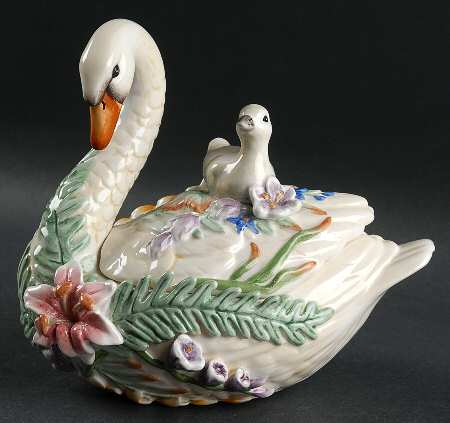 Floral Swan Figural Trinket Box & Lid