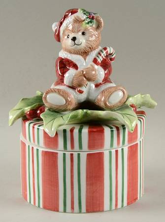 Peppermint Teddy Figural Trinket Box & Lid