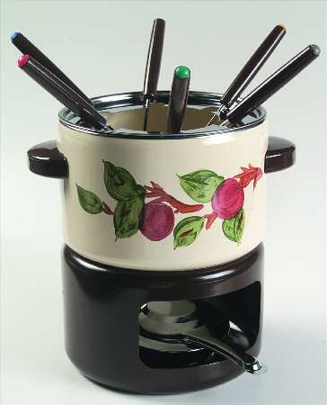Apple (China,  Apple Backstamp) (10 Pc) Metal Fondue(Pot, 6forks,Stand,Burner,Lid)