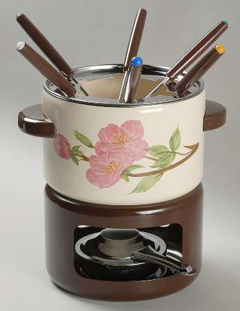 Desert Rose (China) (10 Pc) Metal Fondue(Pot, 6forks,Stand,Burner,Lid)