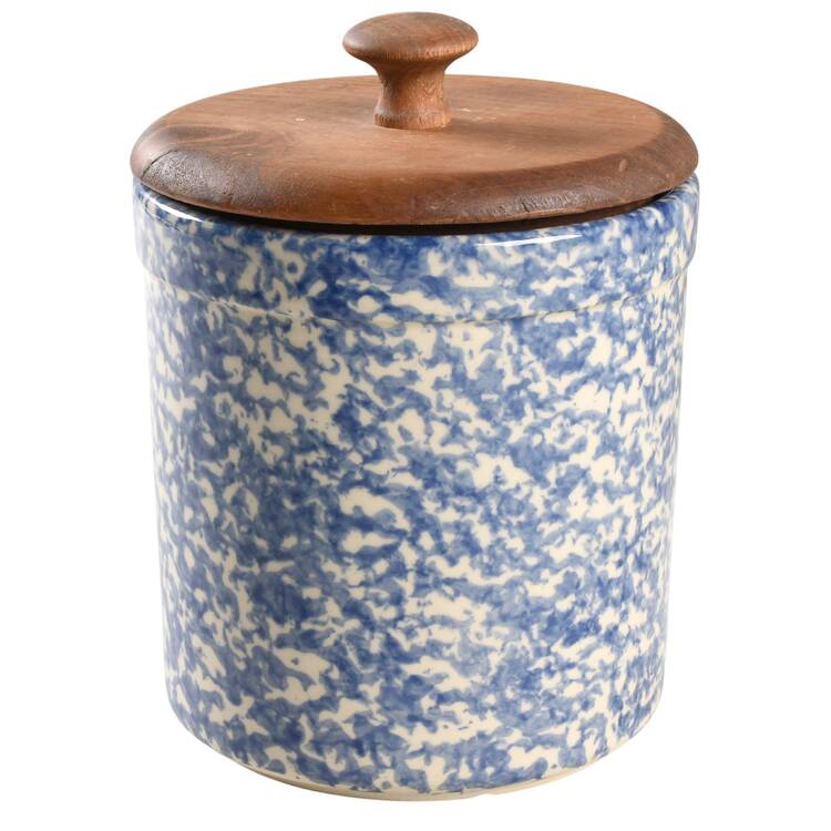 Blue Sponged Small Canister & Wood Lid