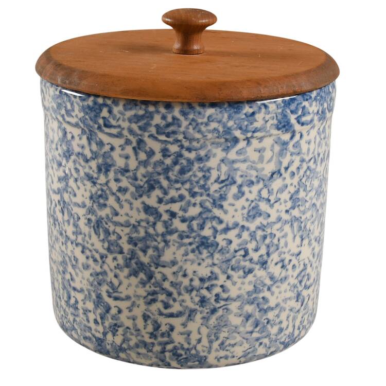 Blue Sponged Medium Canister & Wood Lid