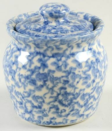 Blue Sponged Sugar Bowl & Lid