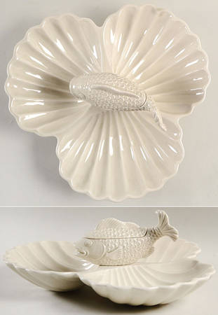 Fish (Ivory and White Backgrounds) Large 3 Section Hors d'Oeuvre w/Lidded Center